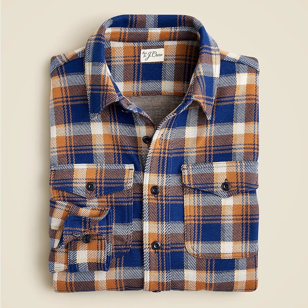 NWT J Crew Seaboard Soft Knit Shirt Men’s XL Brown Blue White Plaid BV898